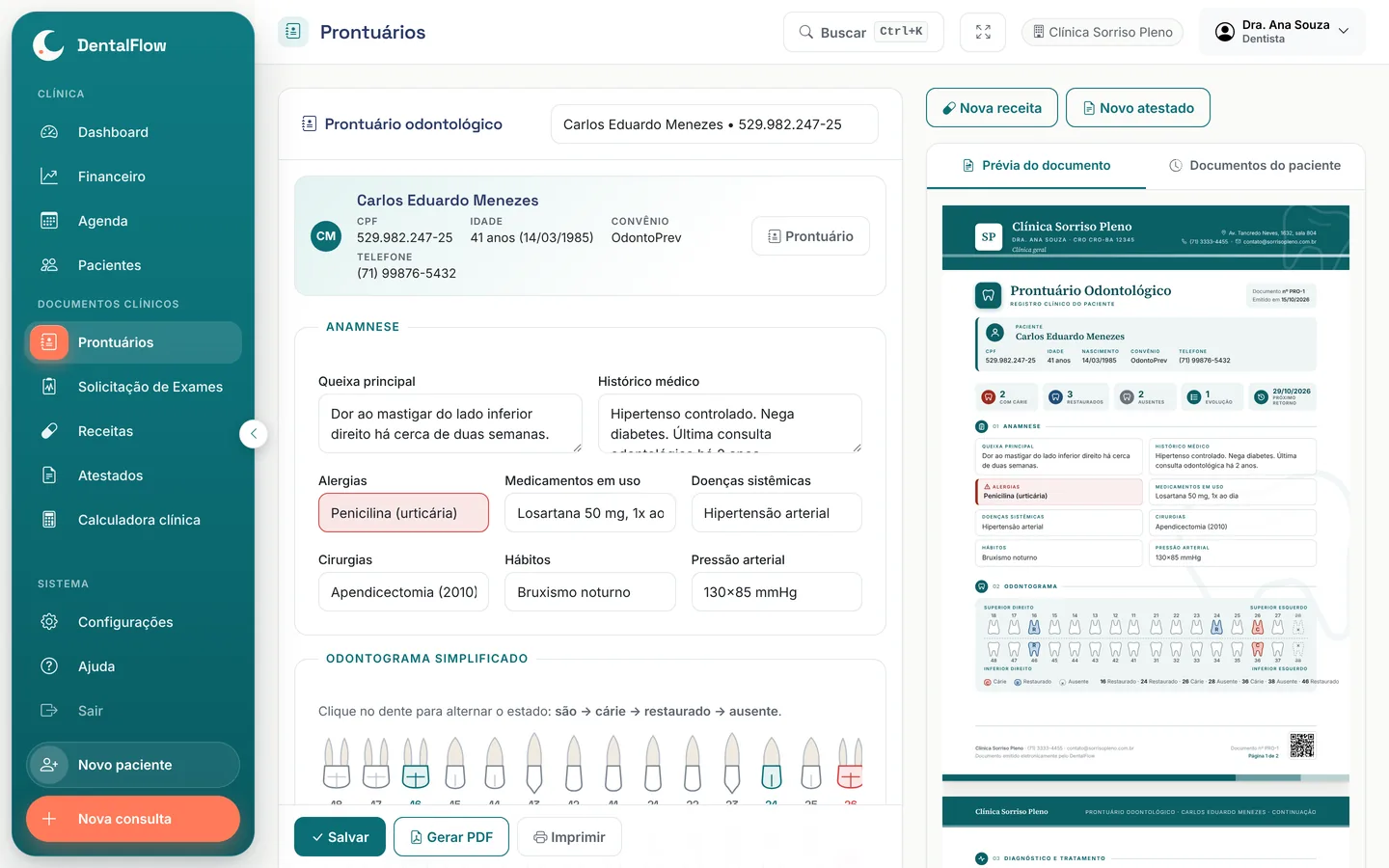 Prontuário de um paciente no DentalFlow com a anamnese, a alergia destacada e a prévia do documento ao lado.