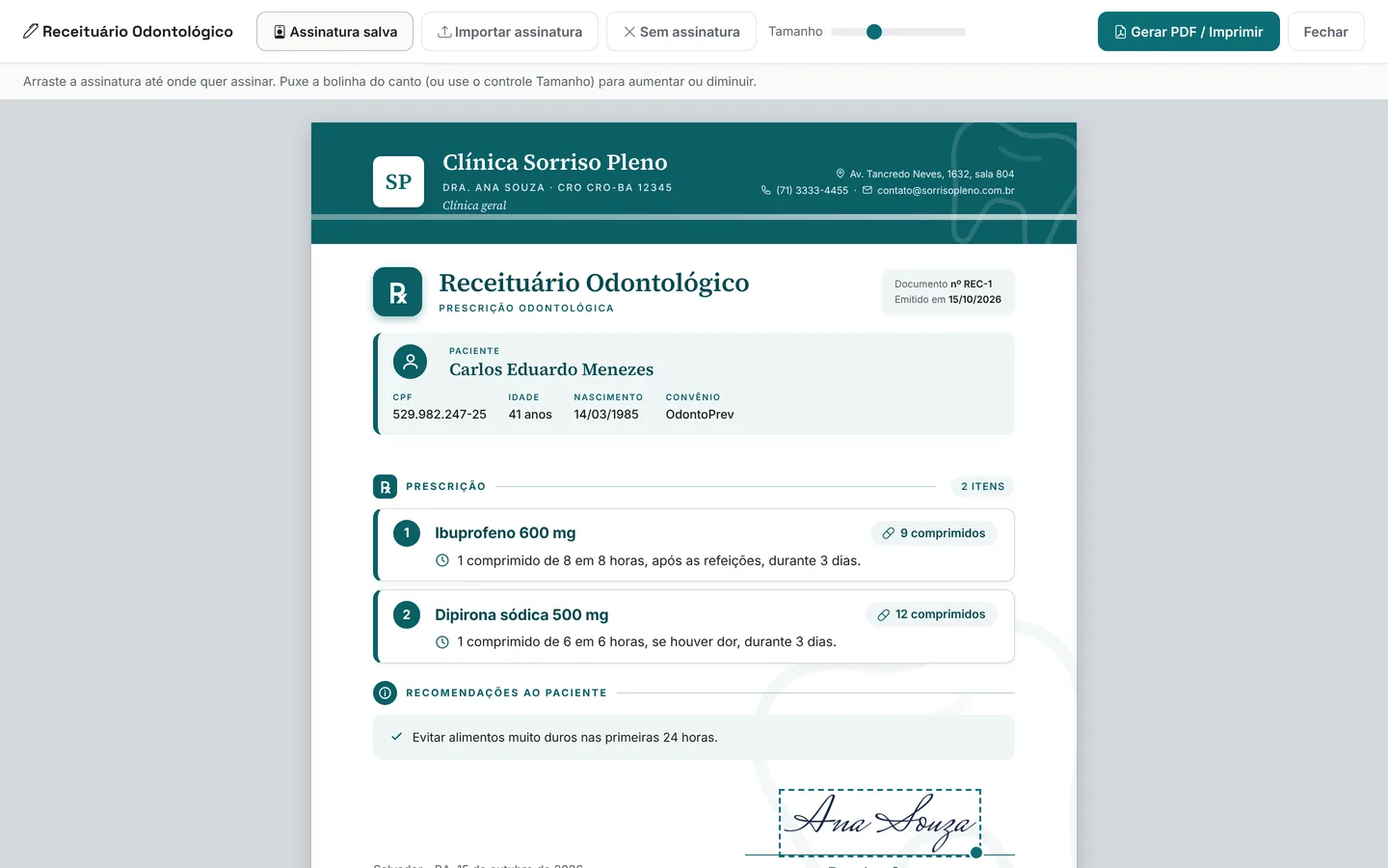 Tela Gerar PDF do DentalFlow com um receituário odontológico com o cabeçalho da clínica, dois medicamentos e a assinatura da dentista posicionada no rodapé.